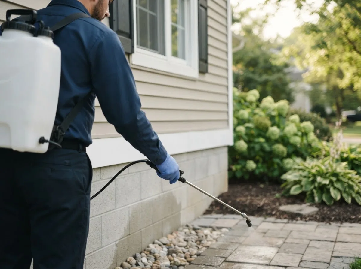 Pest control technician inspecting a home in Linden, PA